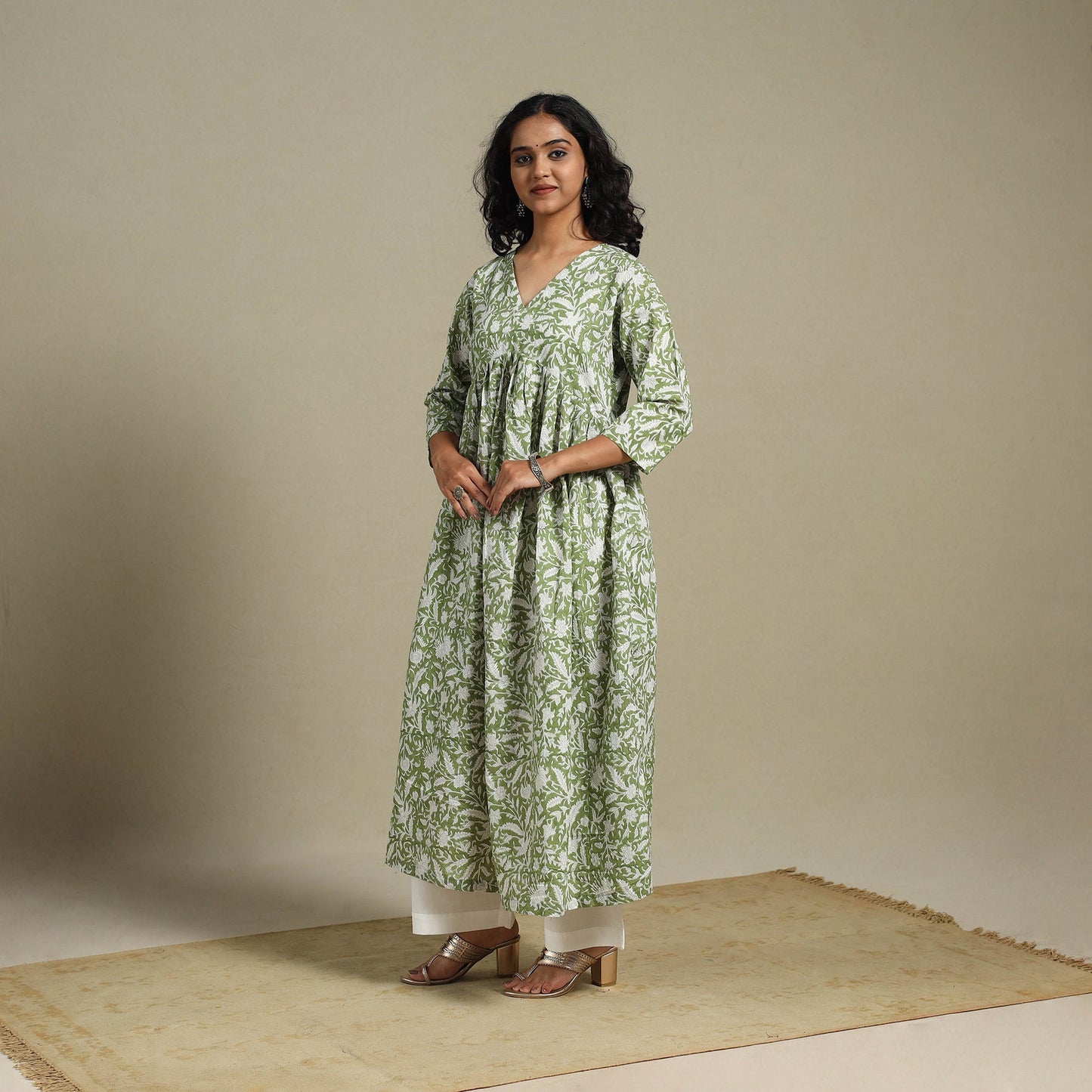 Green - cotton flared sanganeri kurta 12 - s - handcrafted