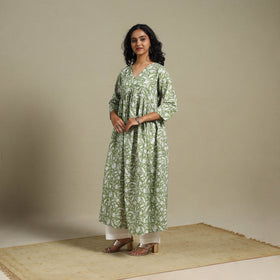 Green - cotton flared sanganeri kurta 12 - s - handcrafted