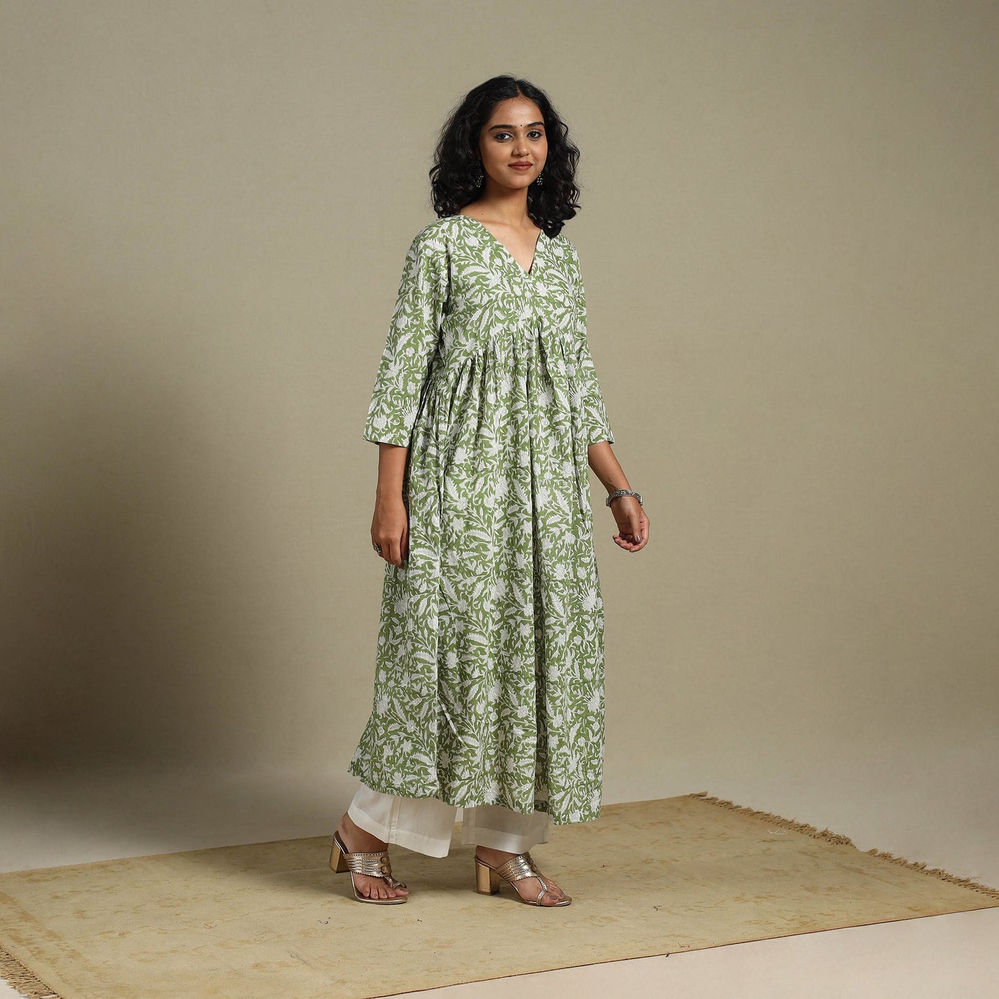 Green - cotton flared sanganeri kurta 12 - s - handcrafted