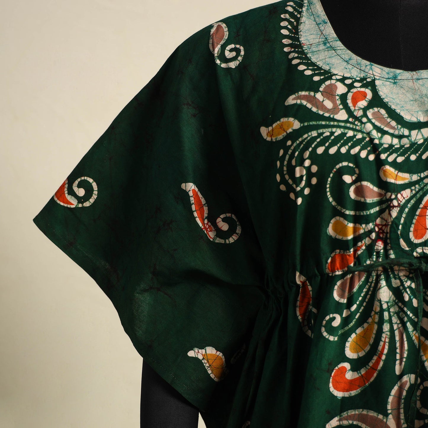 Green - cotton hand batik kaftan with tie-up waist (long)