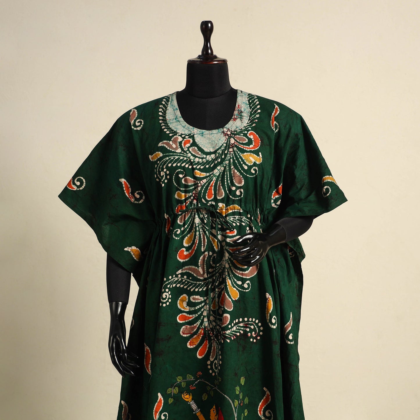 Green - cotton hand batik kaftan with tie-up waist (long)