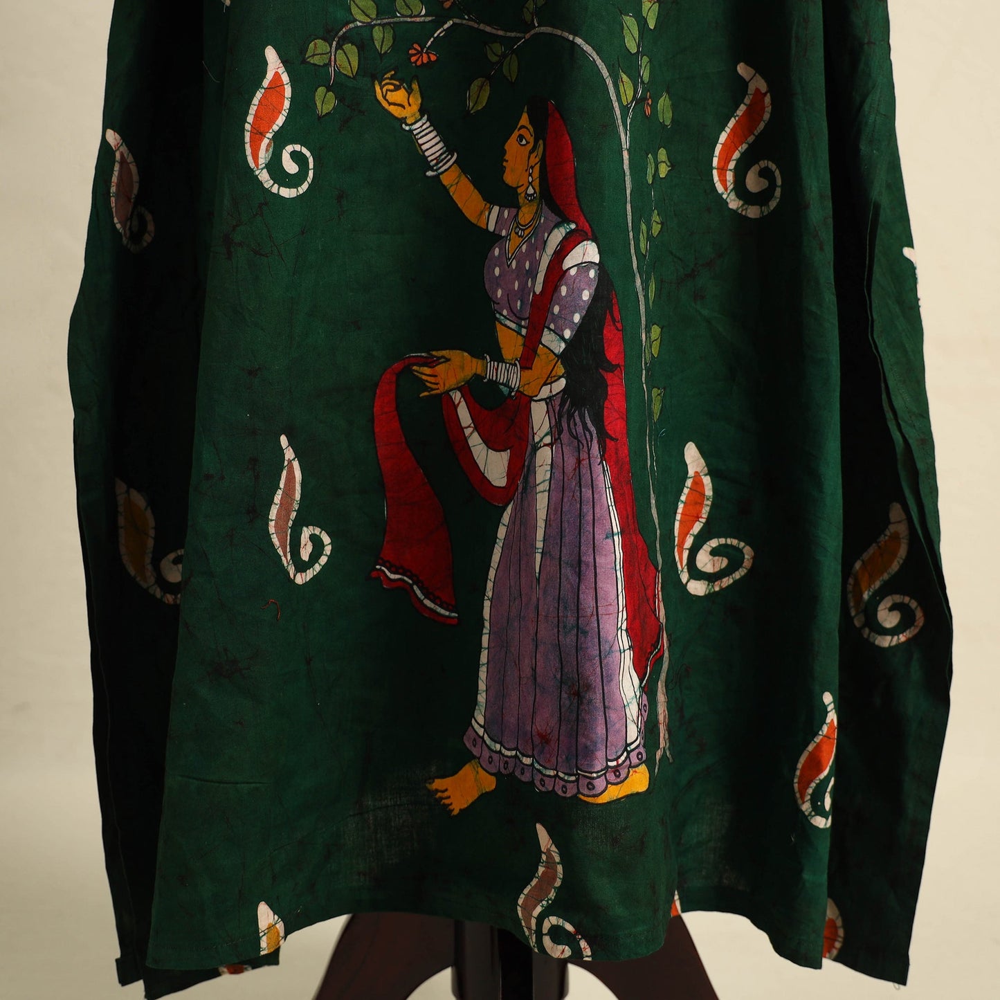 Green - cotton hand batik kaftan with tie-up waist (long)