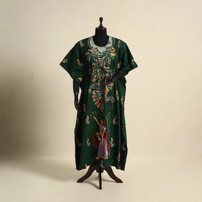 Green - cotton hand batik kaftan with tie-up waist (long)