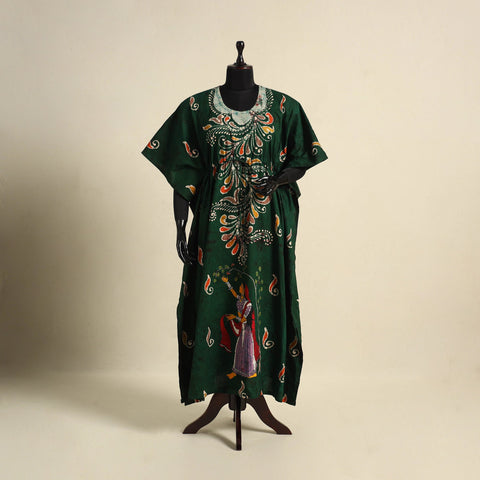 Green - cotton hand batik kaftan with tie-up waist (long)