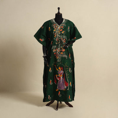 Green - cotton hand batik kaftan with tie-up waist (long)
