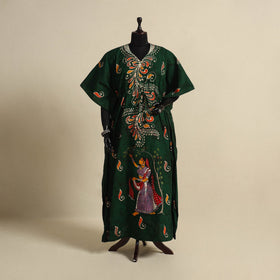 Green - cotton hand batik kaftan with tie-up waist (long)