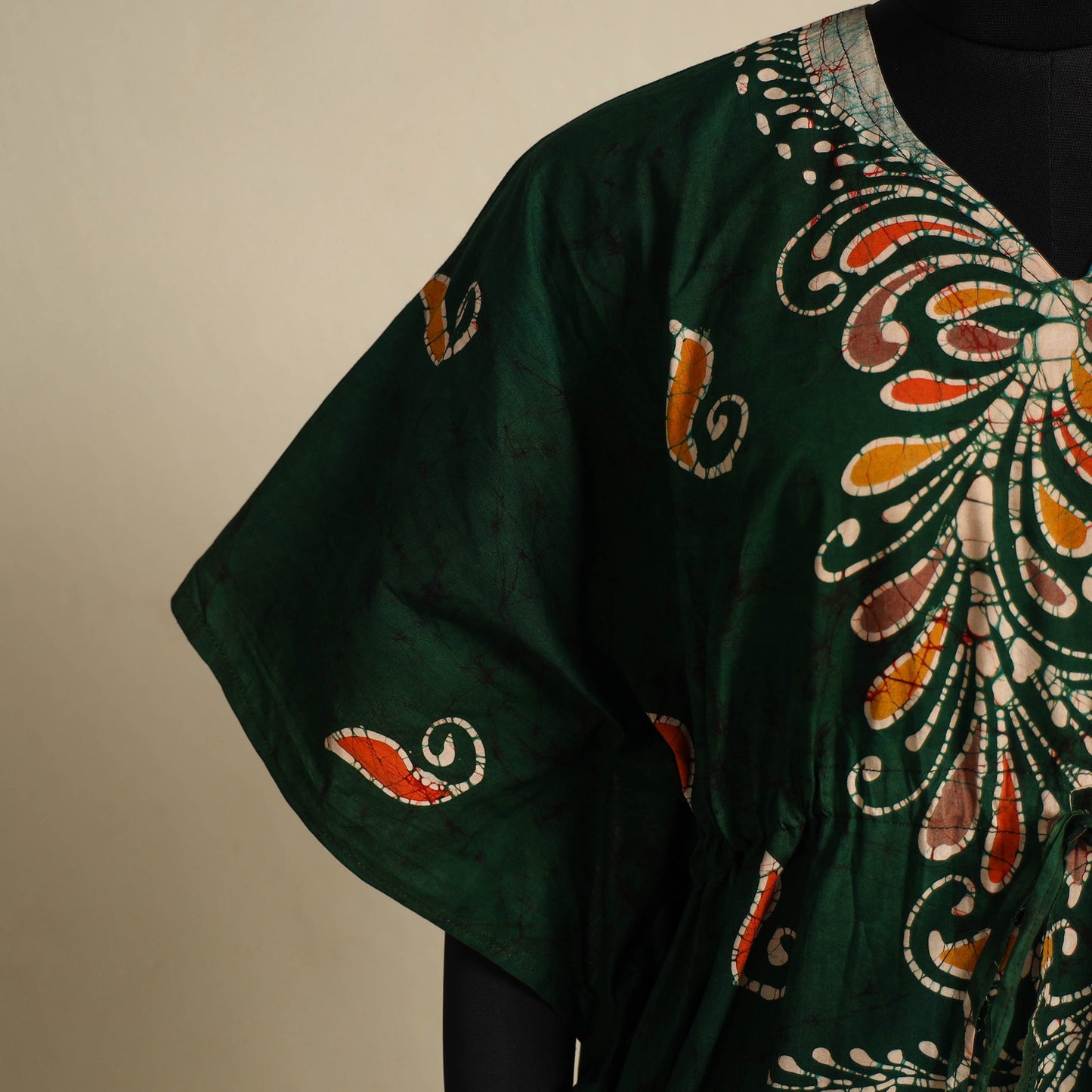 Green - cotton hand batik kaftan with tie-up waist (long)