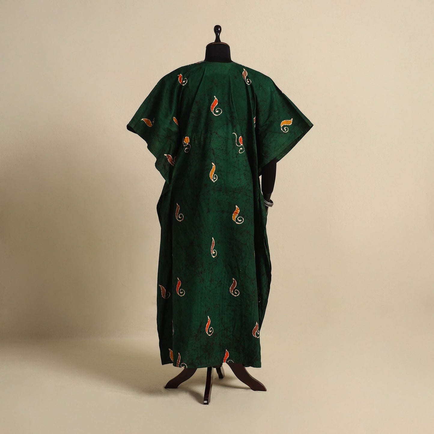 Green - cotton hand batik kaftan with tie-up waist (long)