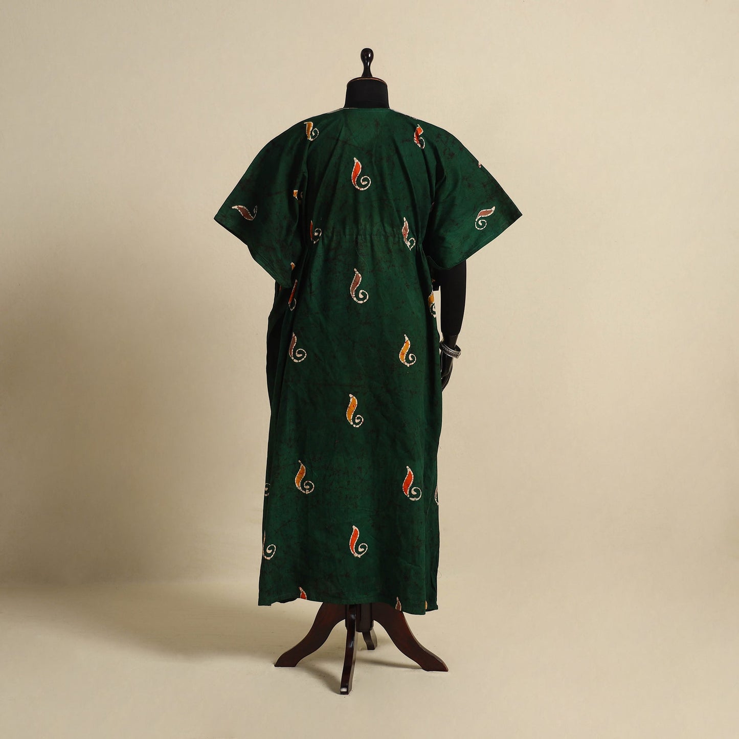 Green - cotton hand batik kaftan with tie-up waist (long)