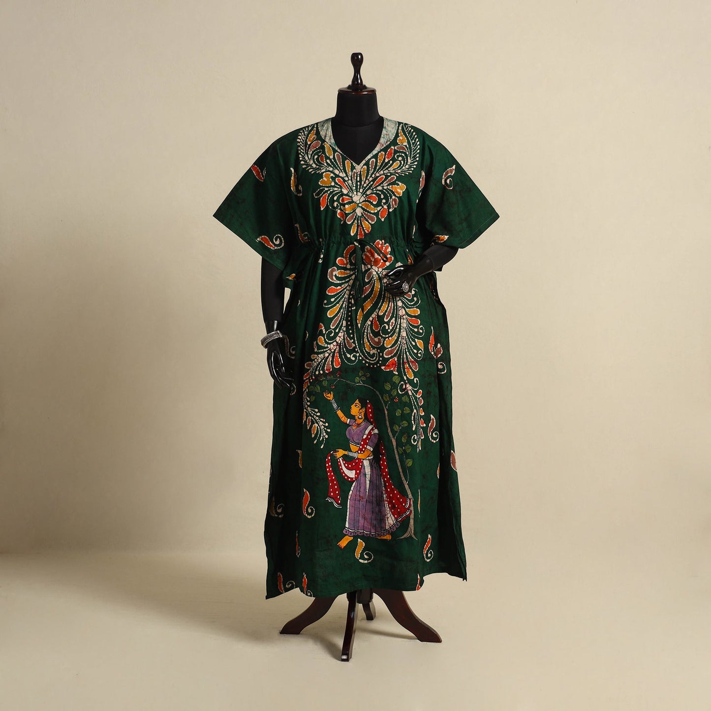 Green - cotton hand batik kaftan with tie-up waist (long)