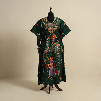 Green - cotton hand batik kaftan with tie-up waist (long)