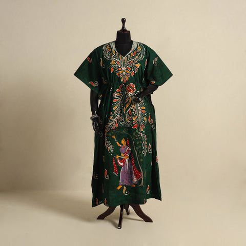 Green - cotton hand batik kaftan with tie-up waist (long)
