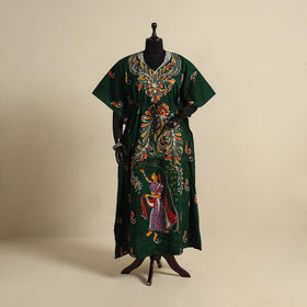 Green - cotton hand batik kaftan with tie-up waist (long)