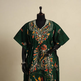 Green - cotton hand batik kaftan with tie-up waist (long)