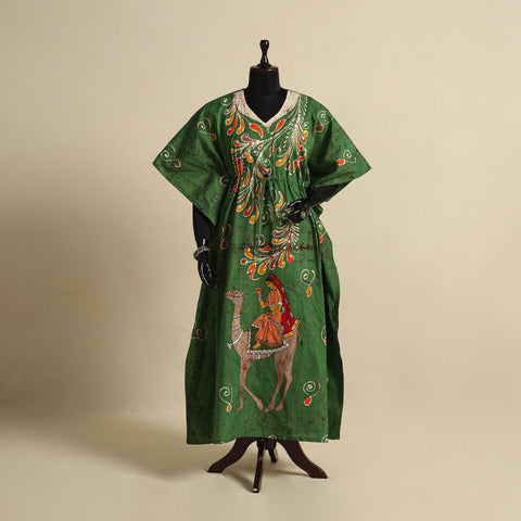 Green - cotton hand batik kaftan with tie-up waist (long)