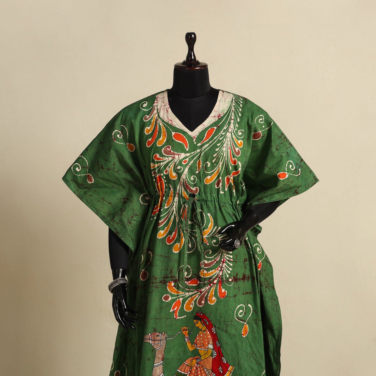 Green - cotton hand batik kaftan with tie-up waist (long)