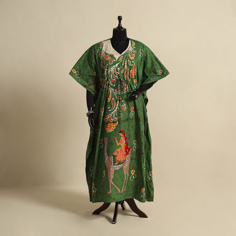 Green - cotton hand batik kaftan with tie-up waist (long)