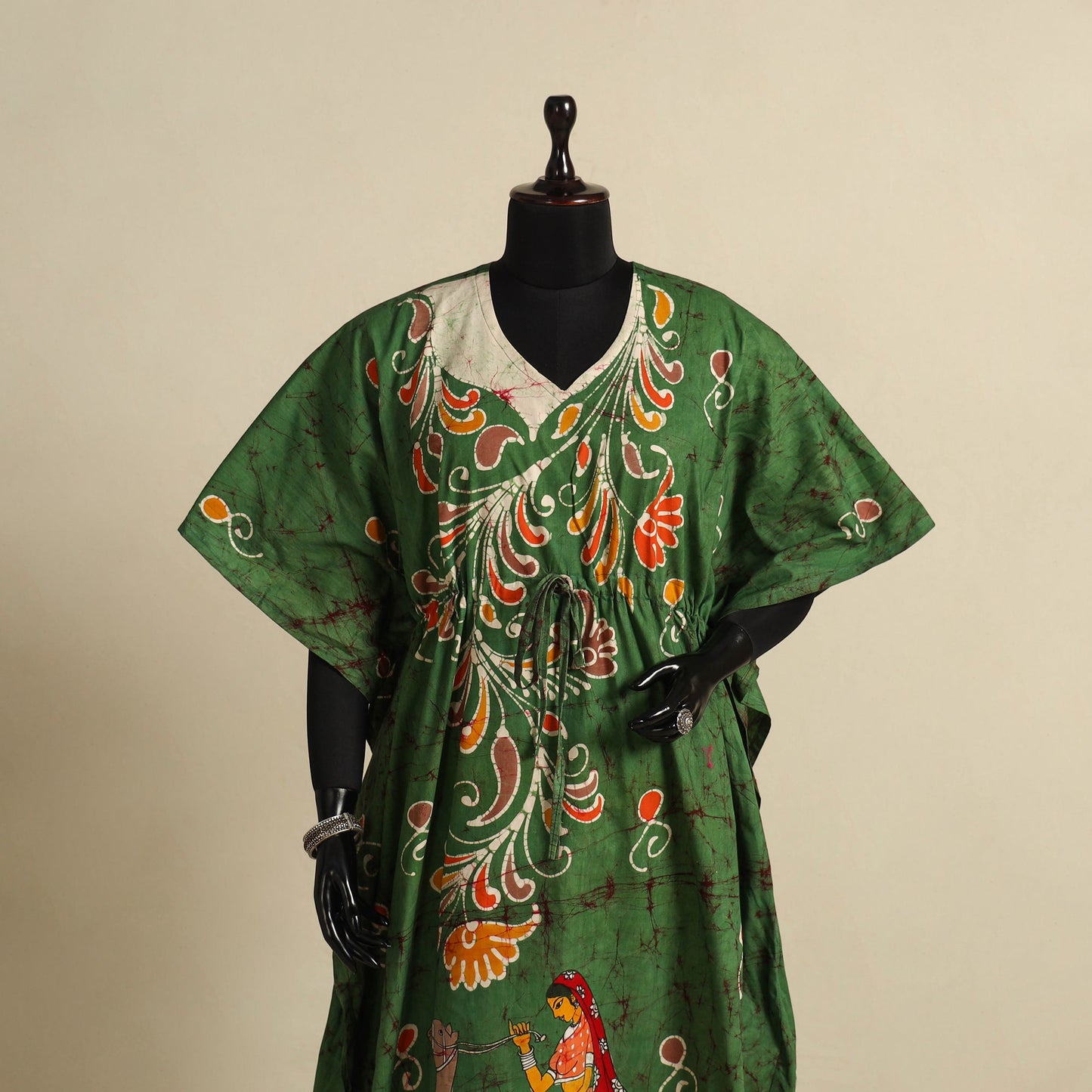 Green - cotton hand batik kaftan with tie-up waist (long)