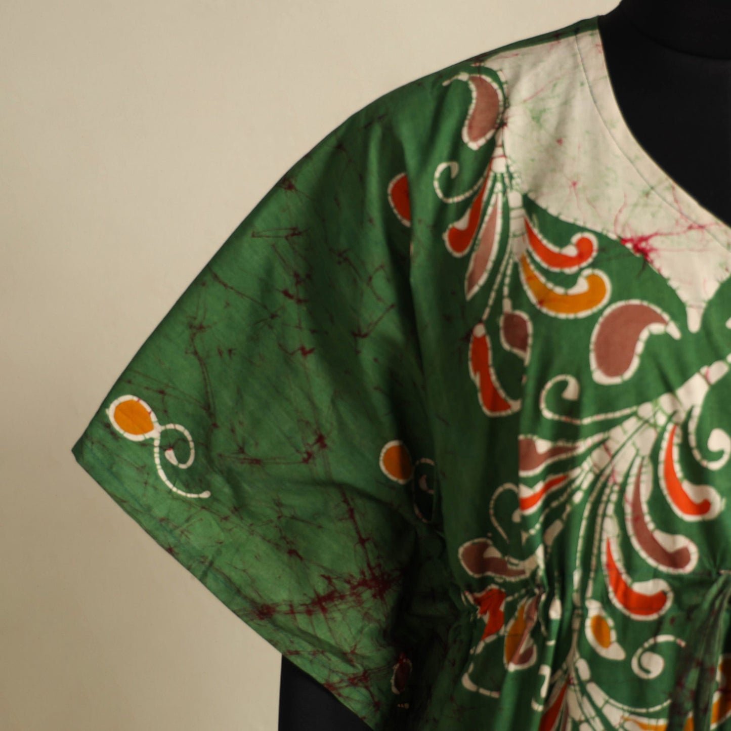 Green - cotton hand batik kaftan with tie-up waist (long)