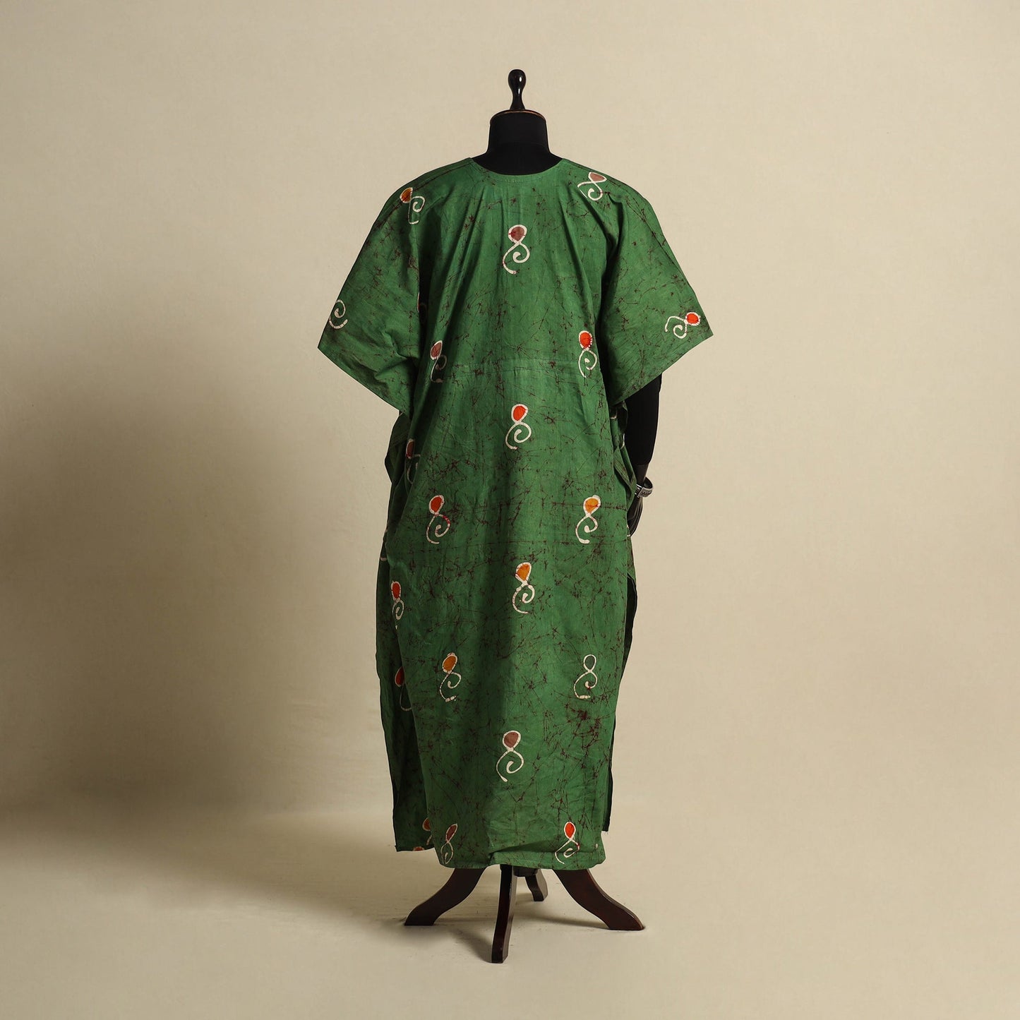 Green - cotton hand batik kaftan with tie-up waist (long)
