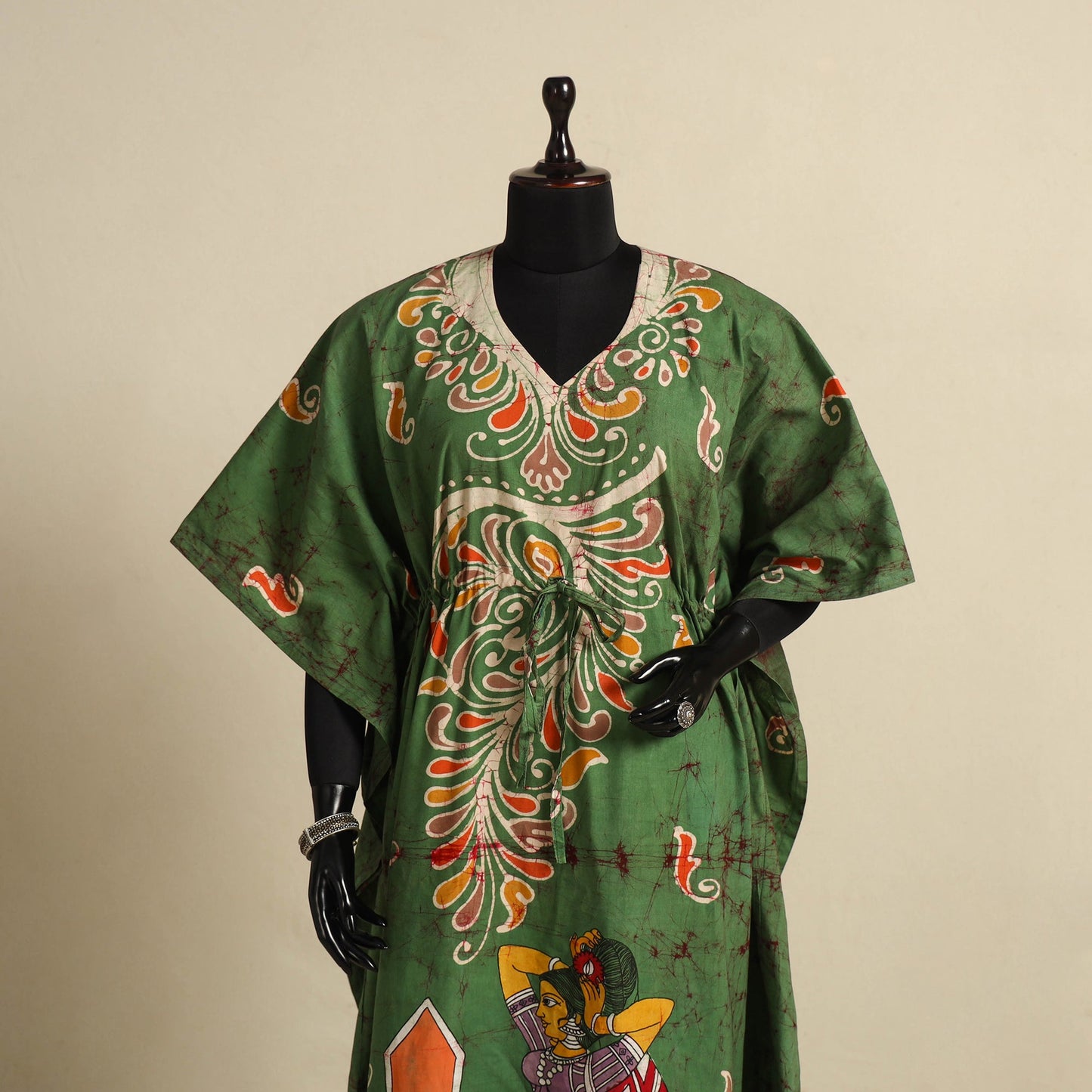 Green - cotton hand batik kaftan with tie-up waist (long)