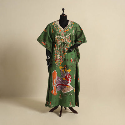 Green - cotton hand batik kaftan with tie-up waist (long)