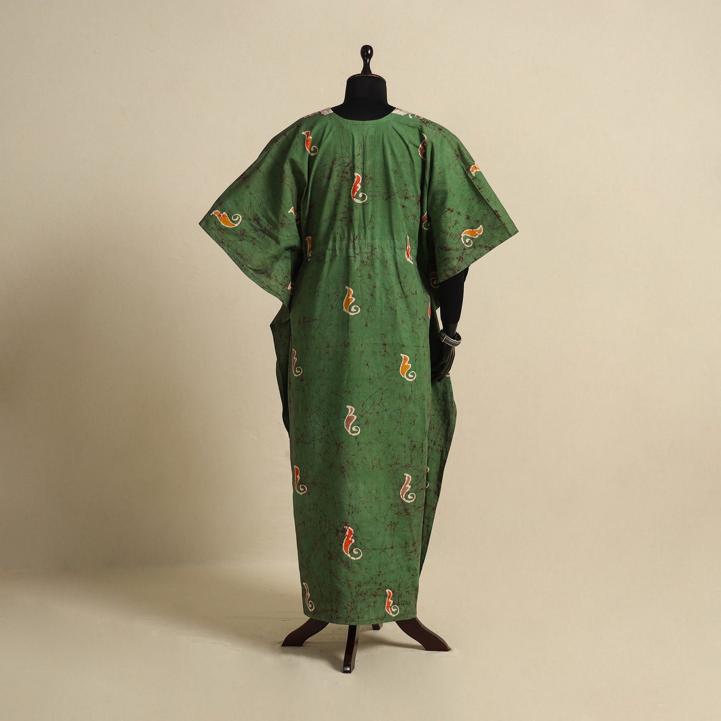 Green - cotton hand batik kaftan with tie-up waist (long)