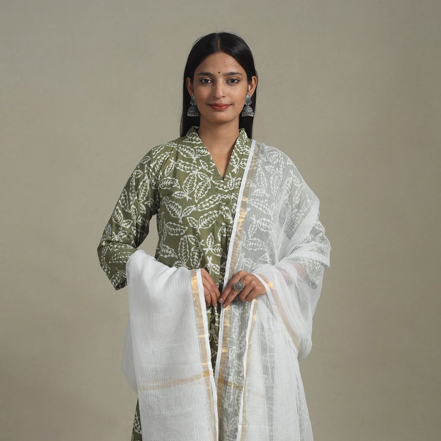 Green Cotton Hand Batik Print Kurta Set (Set of 3)