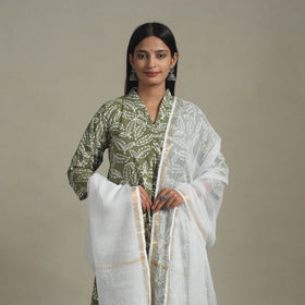 Green Cotton Hand Batik Print Kurta Set (Set of 3)