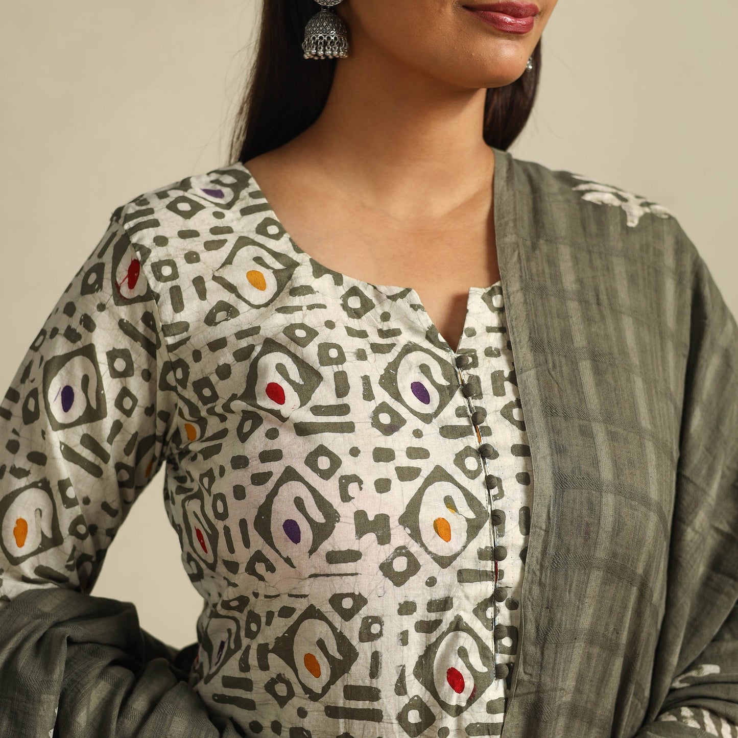 Buy Green Cotton Hand Batik Print Suit Set