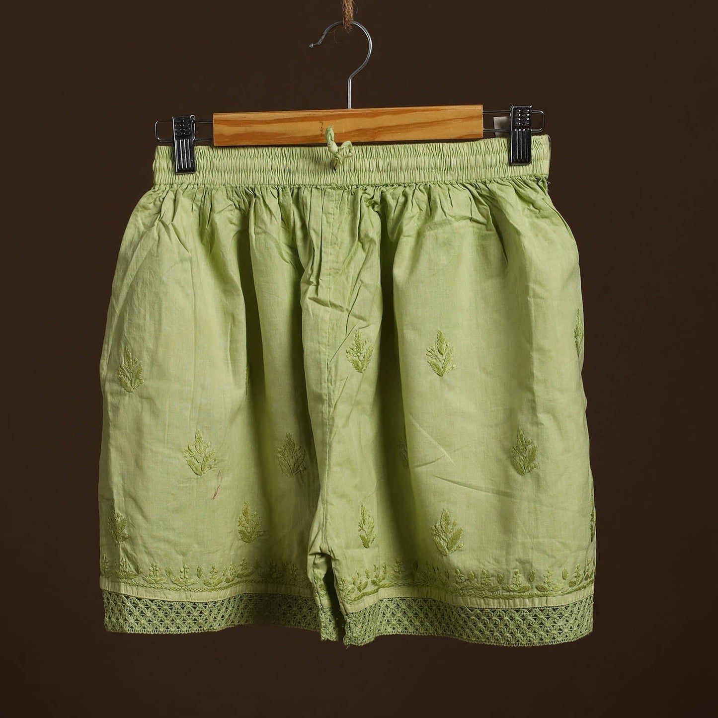  Green Cotton Hand Embroidery Chikankari Short