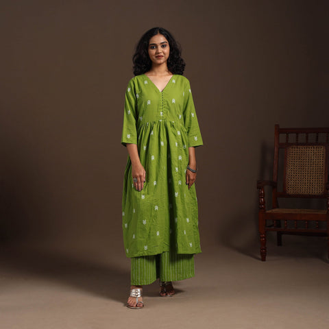 Green - cotton jacquard kurta set (set of 2) 11