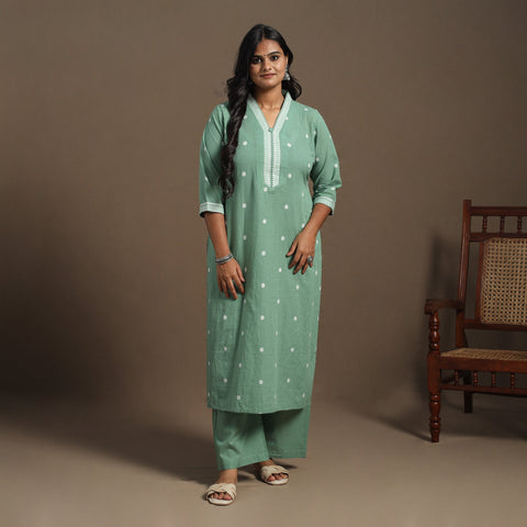 Green Cotton Jacquard Kurta Set (Set of 2)