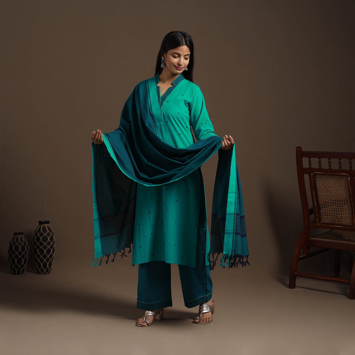 Green Cotton Jacquard Kurta Set (Set of 3)