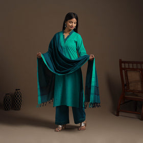 Green Cotton Jacquard Kurta Set (Set of 3)