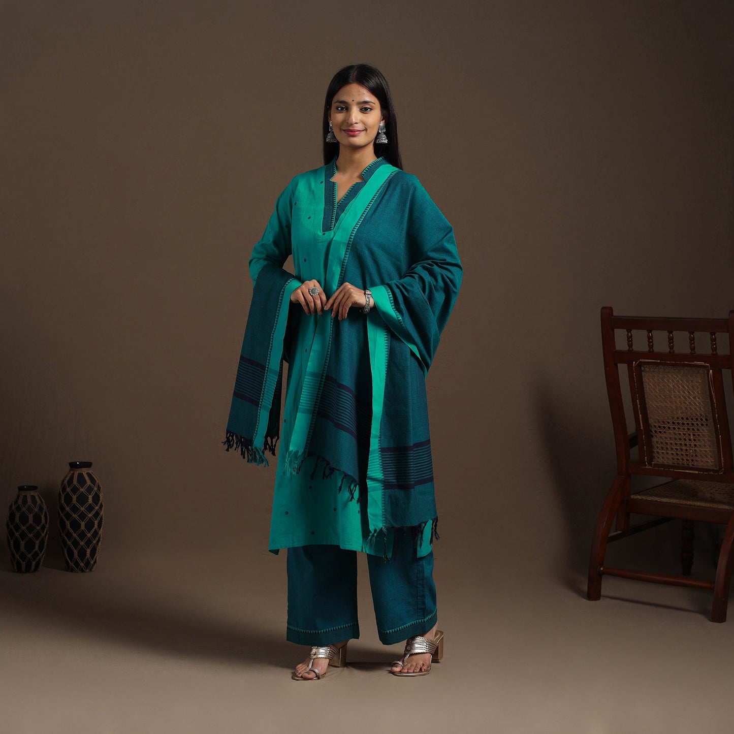 Green Cotton Jacquard Kurta Set (Set of 3)