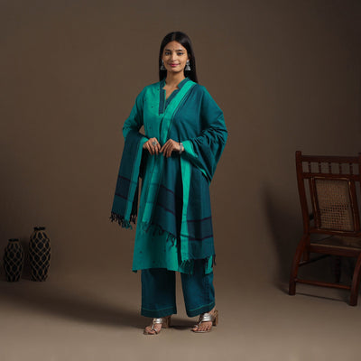 Green Cotton Jacquard Kurta Set (Set of 3)