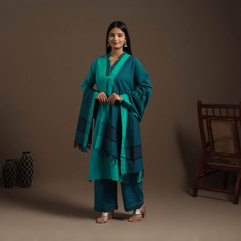Green Cotton Jacquard Kurta Set (Set of 3)