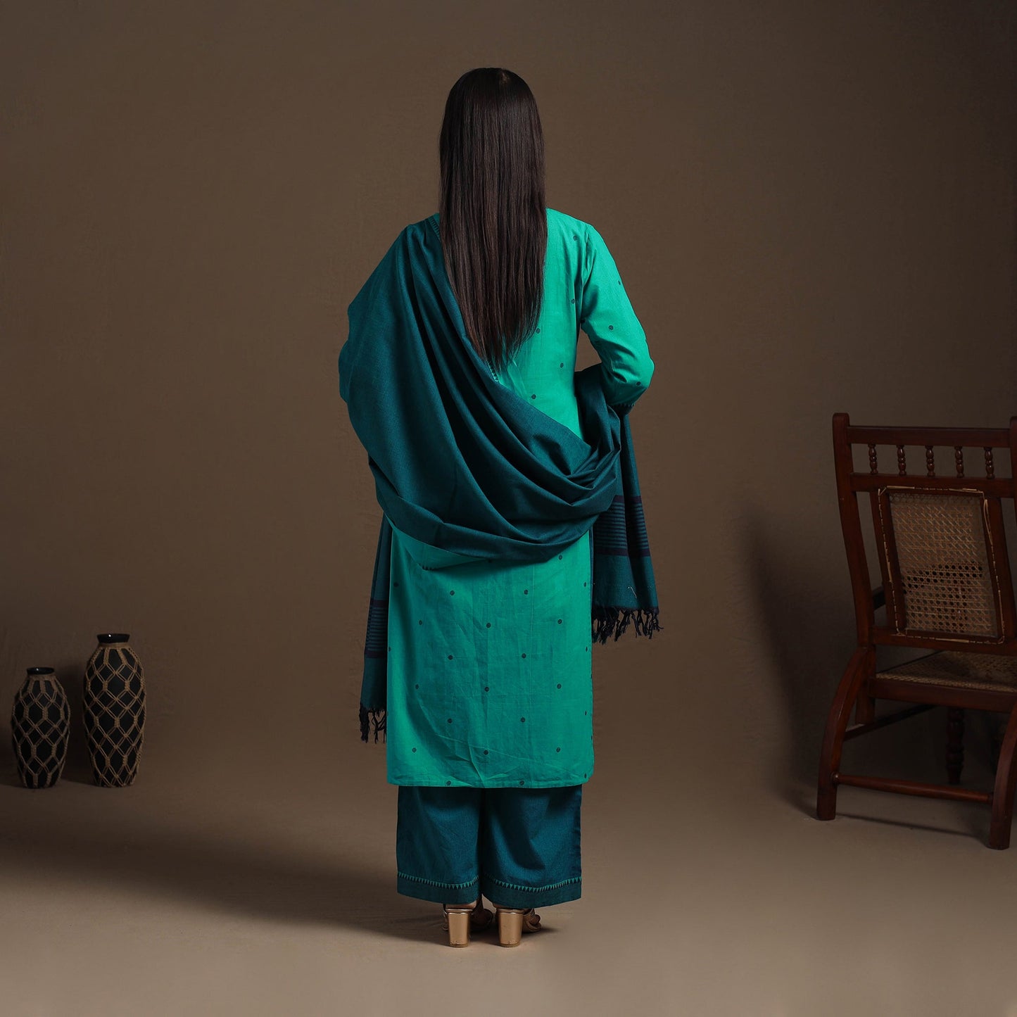 Green Cotton Jacquard Kurta Set (Set of 3)