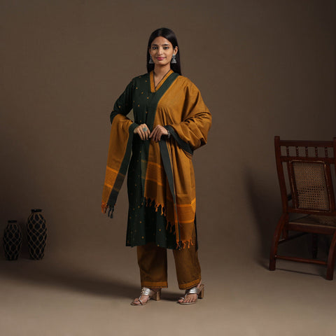 Green Cotton Jacquard Kurta Set (Set of 3)