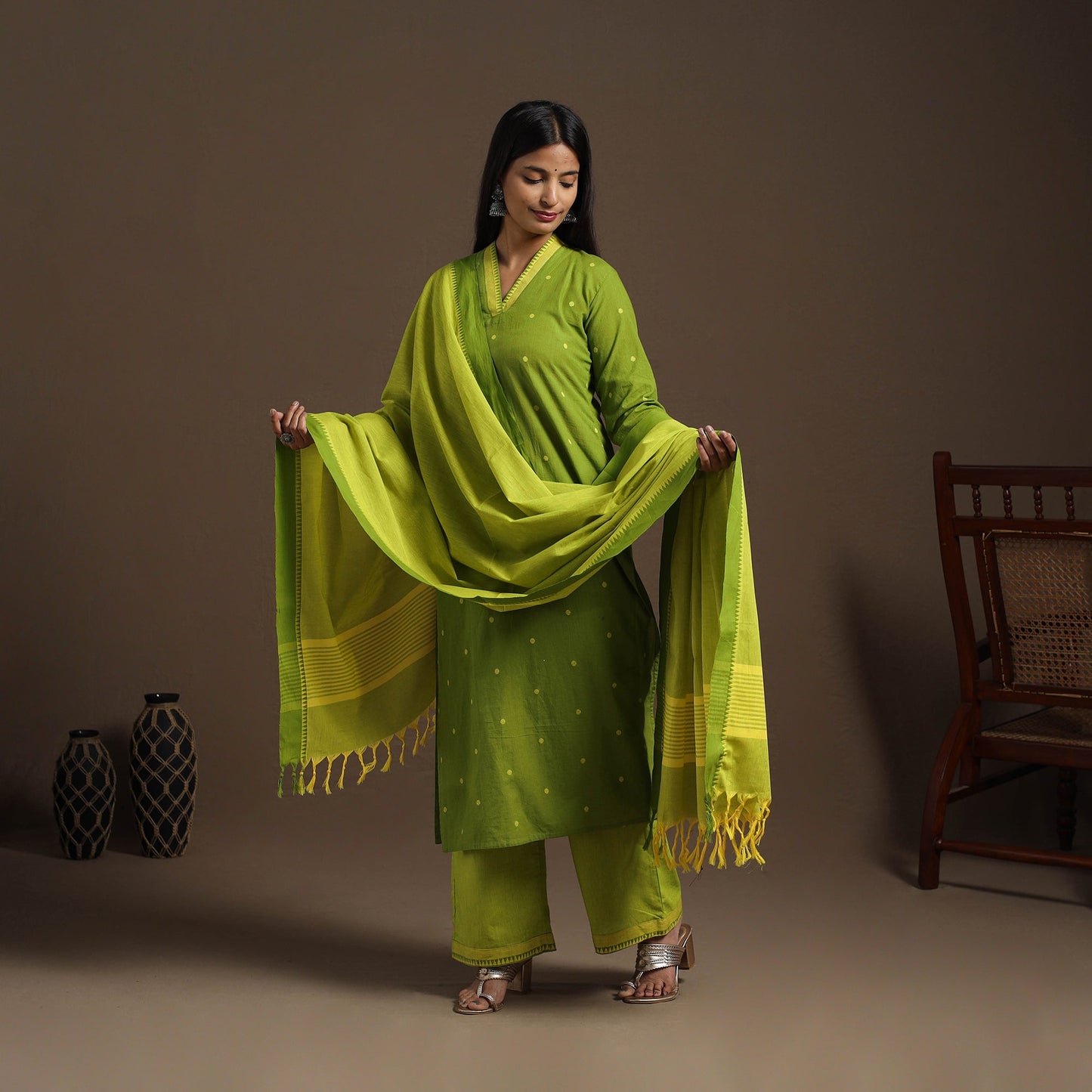 Green Cotton Jacquard Kurta Set (Set of 3)