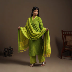 Green Cotton Jacquard Kurta Set (Set of 3)