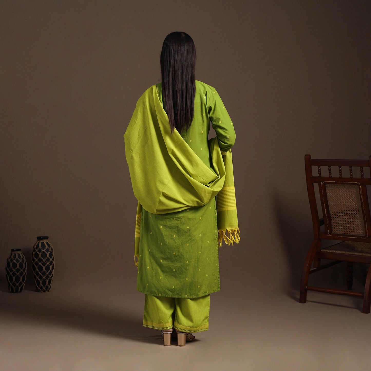 Green Cotton Jacquard Kurta Set (Set of 3)