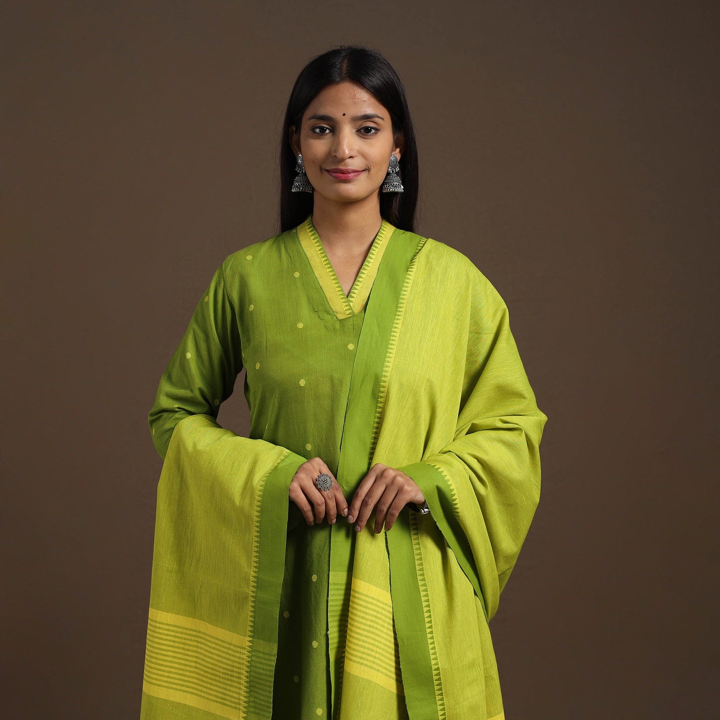 Green Cotton Jacquard Kurta Set (Set of 3)