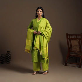 Green Cotton Jacquard Kurta Set (Set of 3)