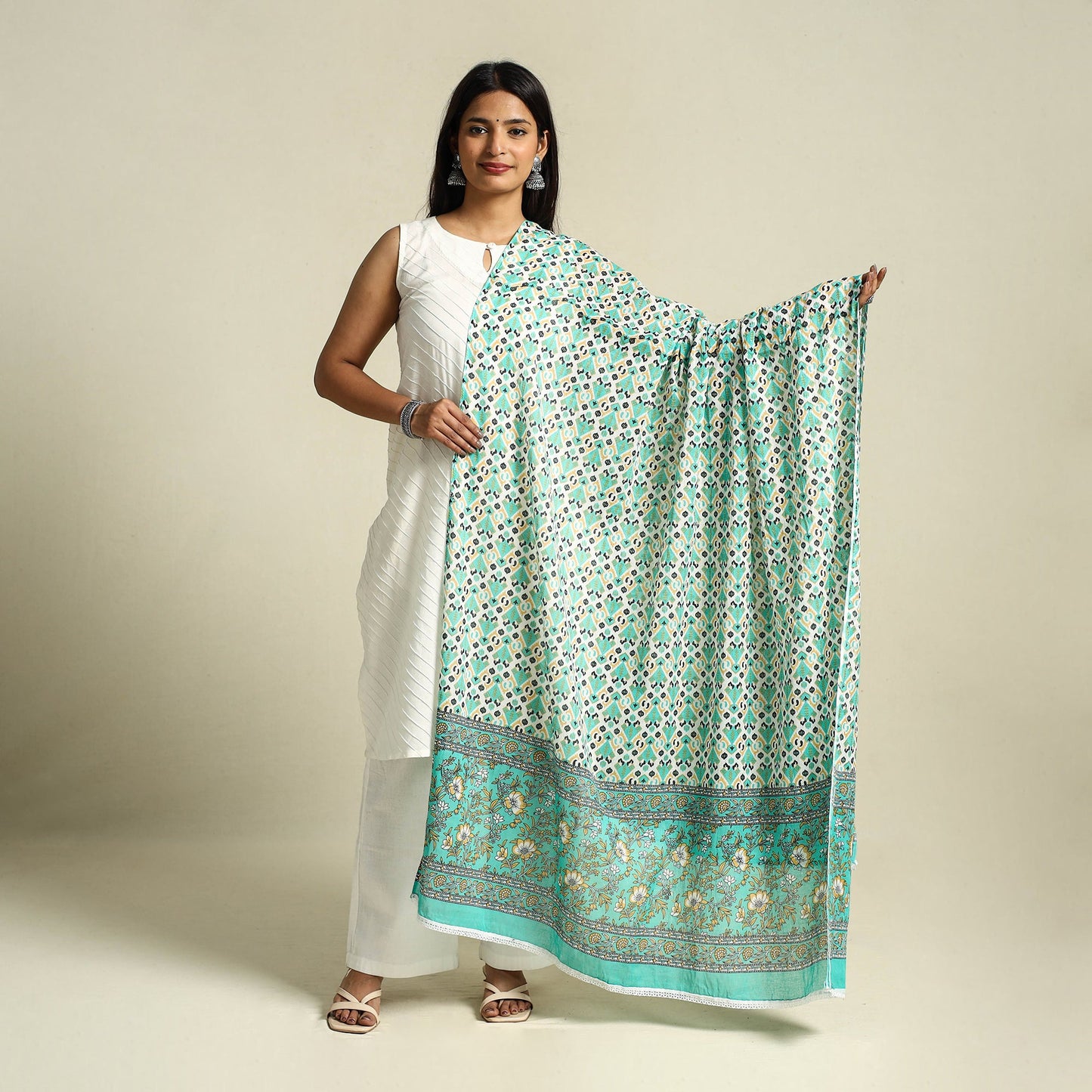 Green - cotton jaipur printed dupatta 27 - handcrafted