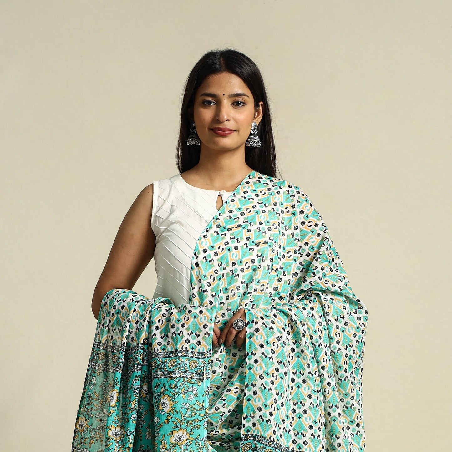 Green - cotton jaipur printed dupatta 27 - handcrafted