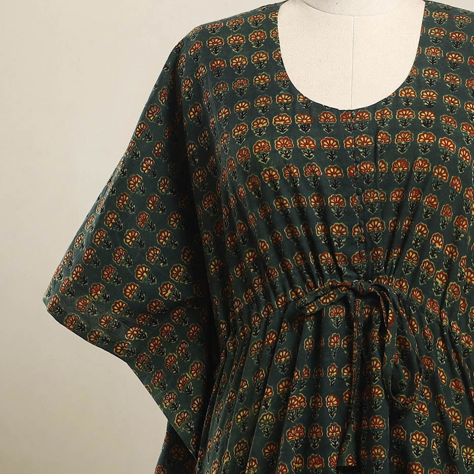 Buy Green Ajrakh Block Print Cotton Kaftan