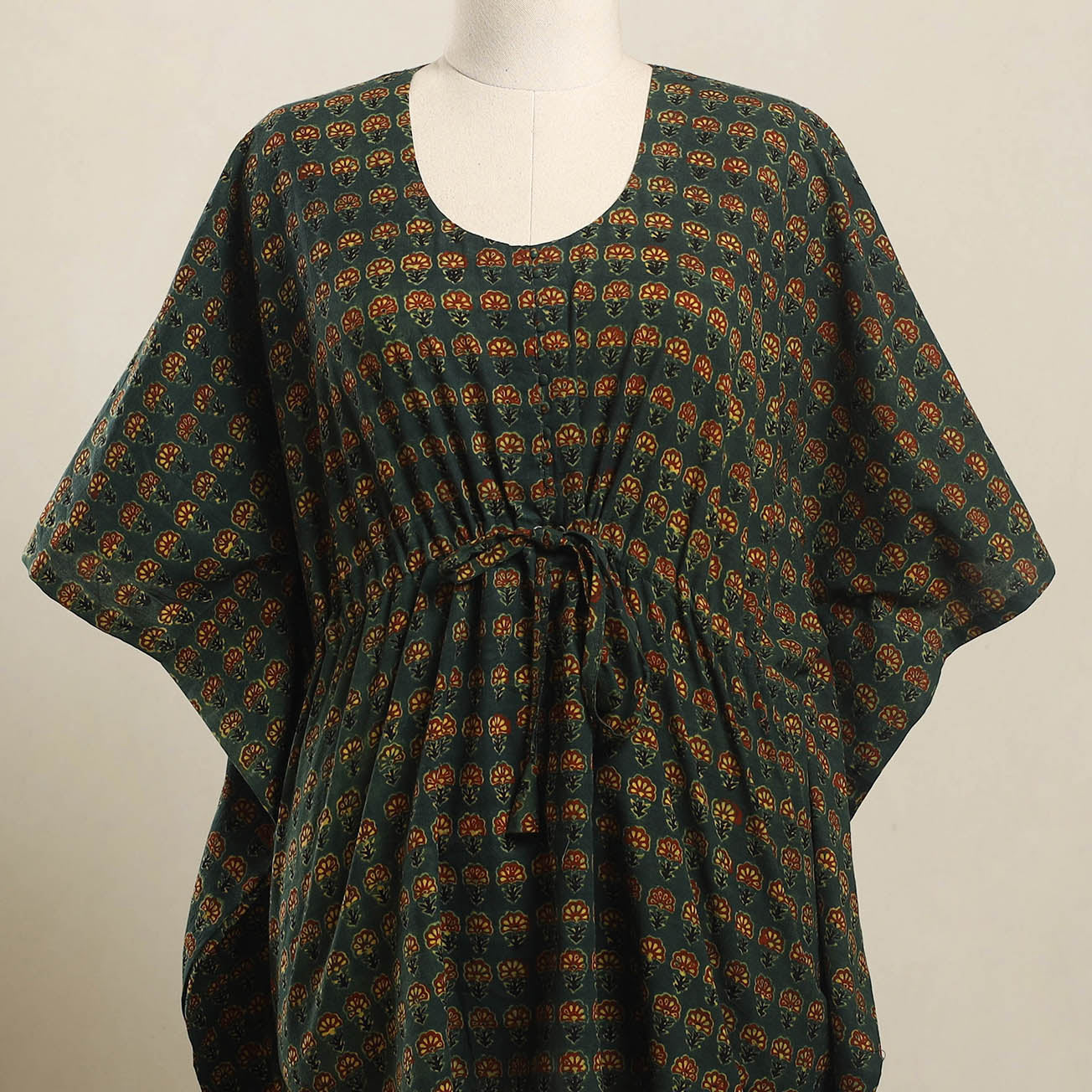 Buy Green Ajrakh Block Print Cotton Kaftan