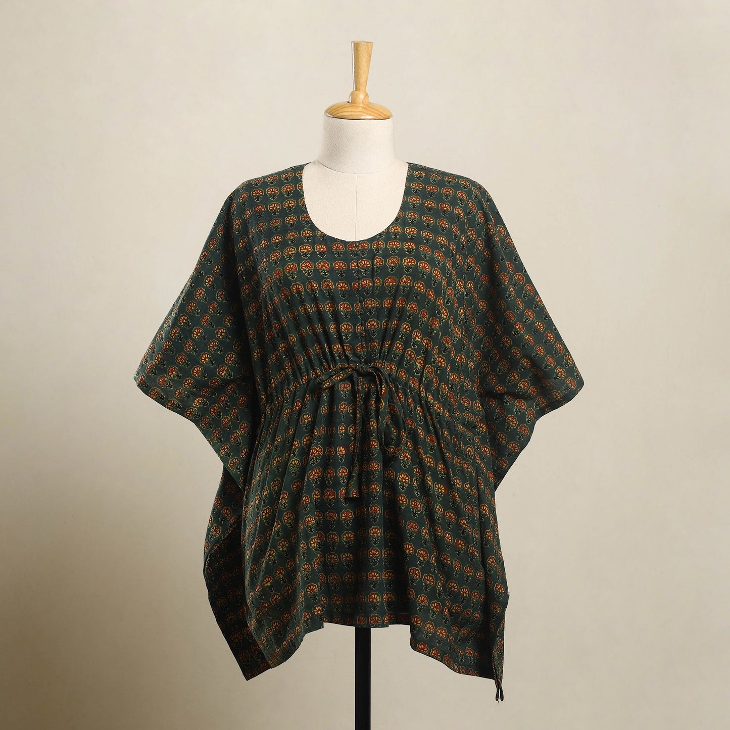 Buy Green Ajrakh Block Print Cotton Kaftan